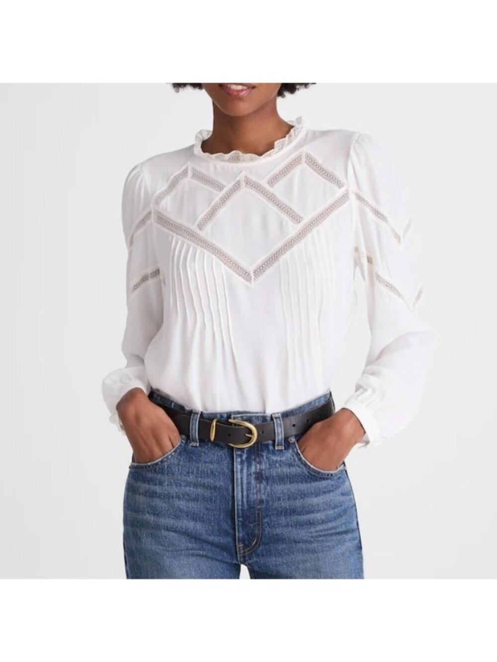 NWT Madewell Lace-Insert Blouse Sz S White Mockneck Long Sleeve Sheer Top Chic